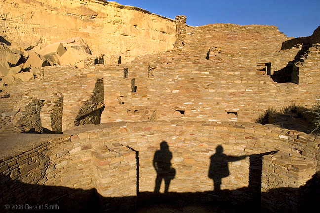 Shadows in one of Pueblo Bonito's kivas. Me and Dylan a willing model