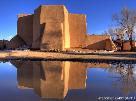 New Mexico reflections. The church of St Francis in Ranchos de Taos. This scene has provided inspiration for Georgia O'Keefe, Ansel Adams and many others. 