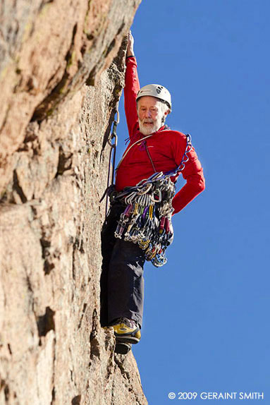 British climber and mountaineer Sir Chris Bonington on the Tres Piedras rocks (NM)(Chris is in Taos for the Taos Mountain Film Festival this weekend)