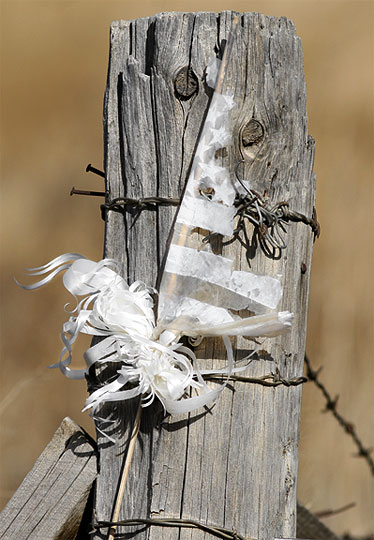 Peace, The sun bleaches and desiccates, the wind carries it, the remnants of a prayer, the ghost of a gesture, on a fence post in Taos, New Mexico.