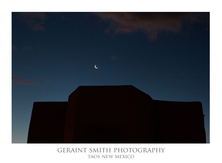 Crescent moon over San Francisco de Asis church, Ranchos de Taos, NM
