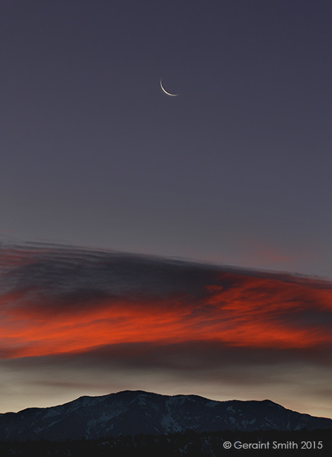 Crescent moonrise over Taos Mountain (Pueblo Peak) from San Cristobal, NM