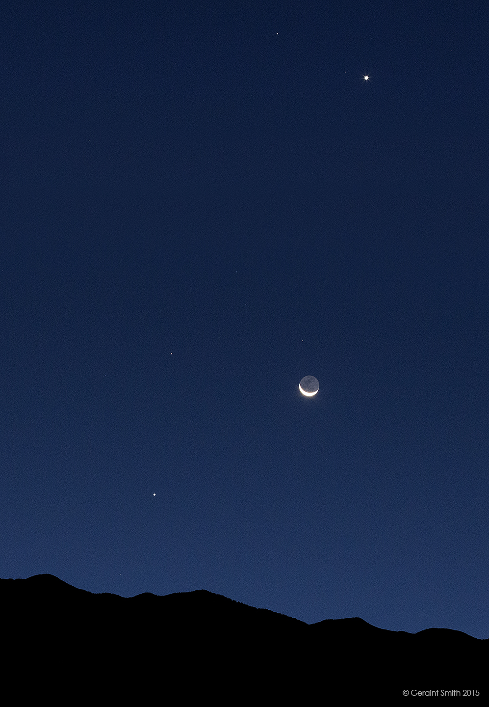 This morning … top to bottom … Regulus, Venus, Mars, Moon, and Jupiter with a few others scattered around san cristobal new mexico