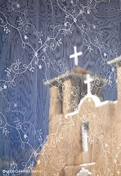 2008 September 25, St Francis in a window of lace in Ranchos de Taos