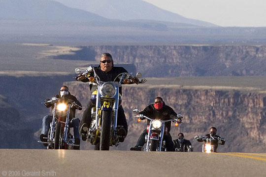Bikers in Taos New Mexico with the Rio Grande Gorge for a backdrop as bikers roll into town for the 24th Annual Red River Memorial Day Run