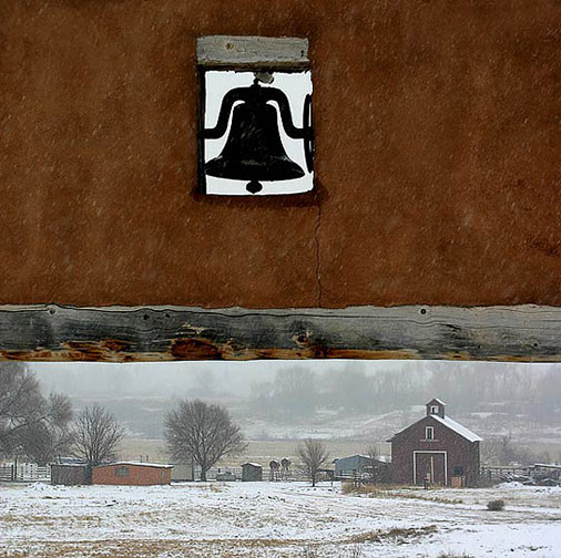 Barn and a Bell, a gate way and wintery pastoral scene across the Ranchos valley. Taos NM.