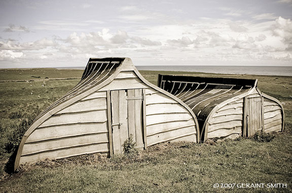 Storage sheds on the Holy Island of Lindisfarne on the north coast of England