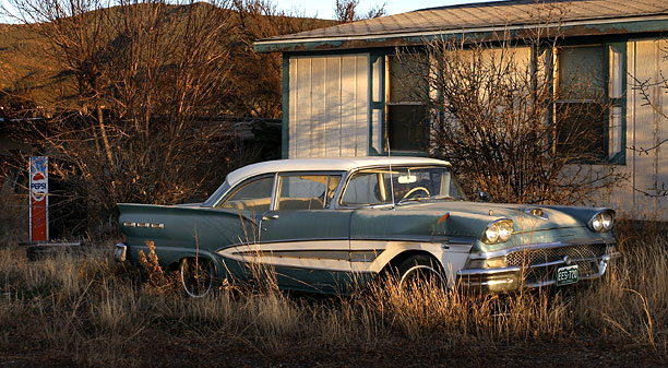 1958 Ford Fairlane, a doublewide (mobile home) with matching trim and a ... pepsi machine? Taos, NM