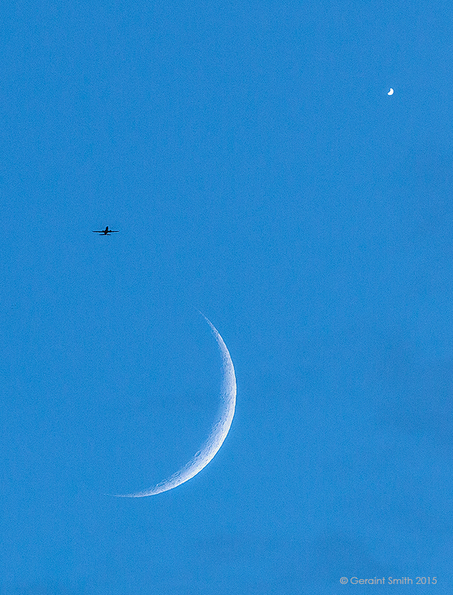 Crescent moon, Venus and a jet plane, San Cristobal, NM