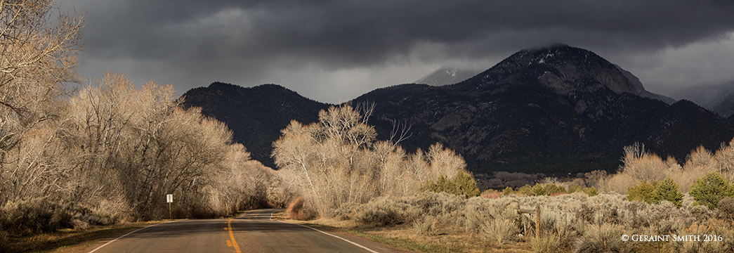 Highway 150, the road to Arroyo Seco, under stormy skies