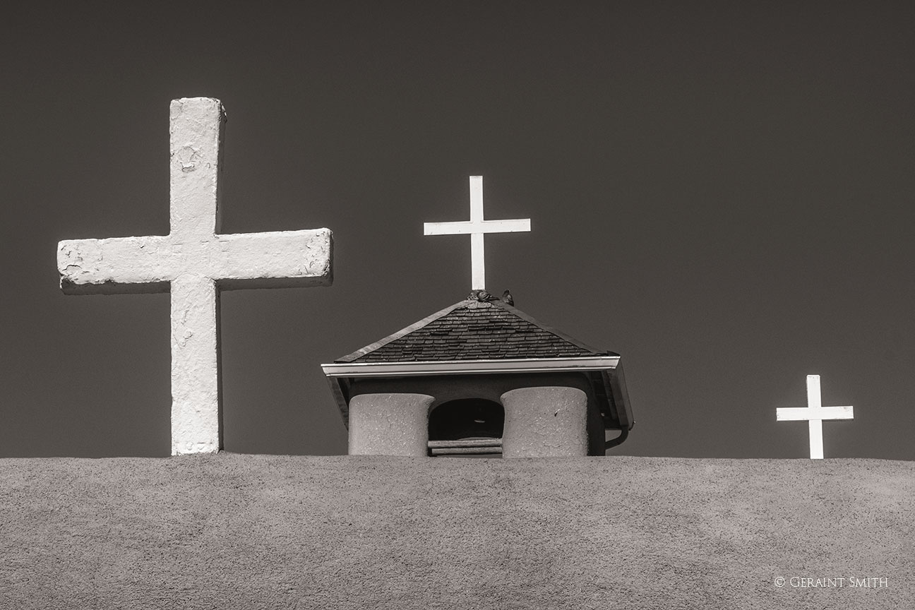 Black and white Saint Francis church, Ranchos de Taos, NM