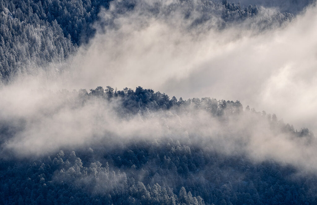 Mountain Clouds, Snow, Moon. 12-03-2025 Mountain clouds over the sangre de cristo mountains